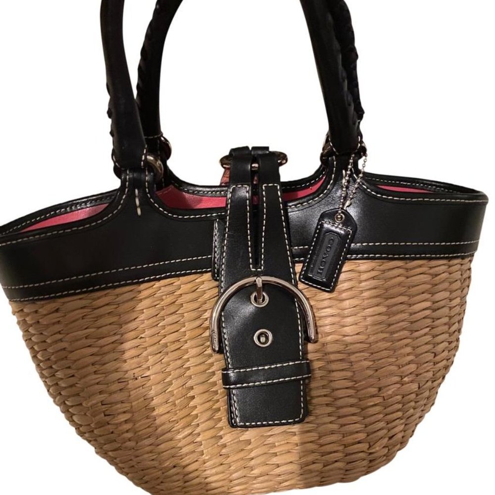 Coach Purse Black and Straw Leather Hobo Bag